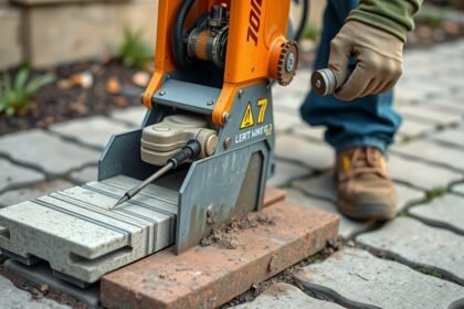 Térkő roppantási folyamat építőipari géppel.