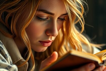 Egy fiatal nő mélyen olvas egy könyvet, kifejezve a gondolatok mélységét.