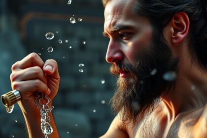 Férfi harcos, aki a víz cseppjeit figyeli, vitalitás és energia ötvözete.