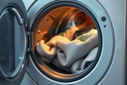 Tisztára mosott ruhák a mosógép belsejében.