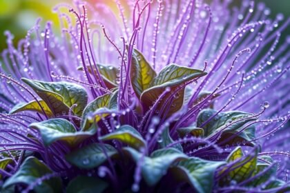 Klorofillal dús növény, vízcseppekkel, élénk színekben.