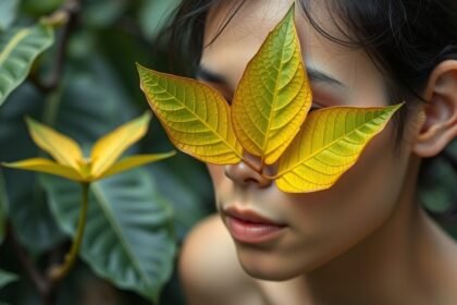 Nő kratom levelekkel az arcán, természetes környezetben