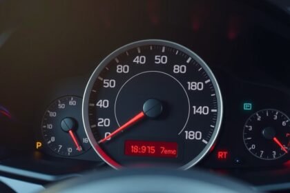 Üzemanyagszint-mérő az autó műszerfalán, üzemanyag mennyiséget jelző mutatóval.