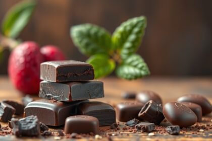 Keserű csokoládé antioxidánsokkal és friss növényekkel az egészségért.