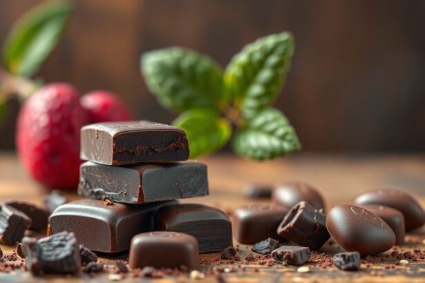 Keserű csokoládé antioxidánsokkal és friss növényekkel az egészségért.