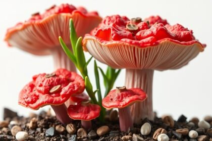 Szegfűgomba friss példányai a földön, zöld növényekkel körülvéve.