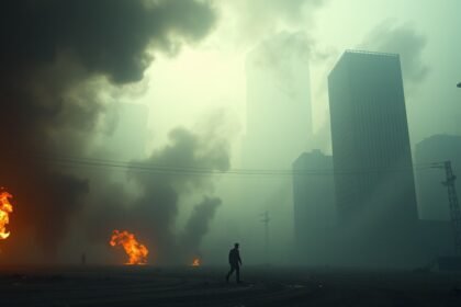 Füst és lángok egy elhagyatott városi tájban, a flakka hatásai tükröződnek.