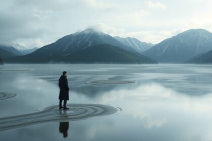 Egyedül álló figura a csendes tóparton, hegyekkel a háttérben.