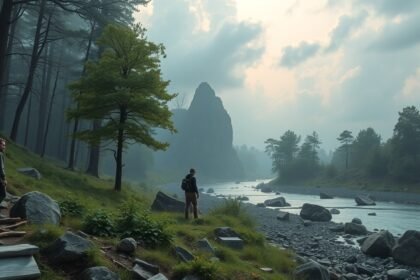 Közelkép a természet szépségéről, csendes folyóparttal és hatalmas sziklákkal.