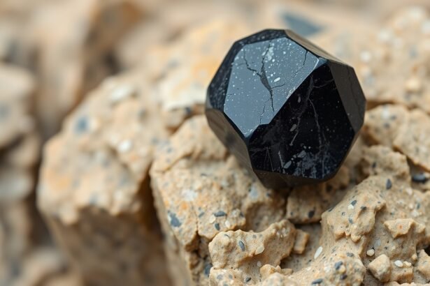Fekete spinell ásvány a sziklán, amely védelem és stabilizáló hatásokat képvisel