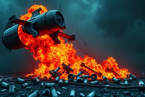 Rusty cans exploding amidst fiery background, symbolizing drug dangers.