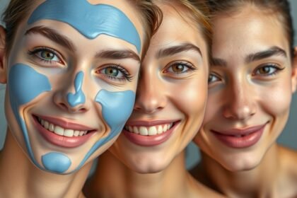 Három fiatal nő kék krémmel az arcukon, mosolyognak.