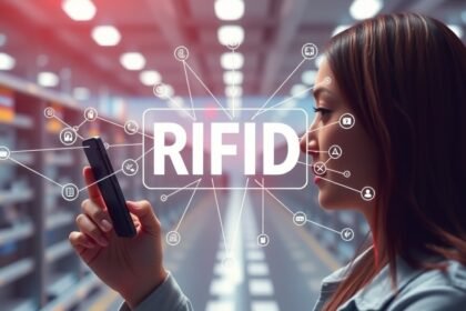 Nő RFID technológiát bemutató telefon használatával