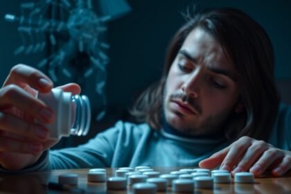 Fiatal férfi Kamagra tablettát néz, figyelmesen kezelve.