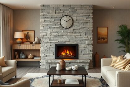Modern gázkandalló egy otthonos nappaliban, kőből készült fal előtt.