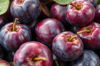 Friss szilvák halmaza, egészséges rostdús gyümölcsök.