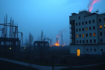 Csernobil katasztrófa helyszíne éjszakai fényekkel és füsttel