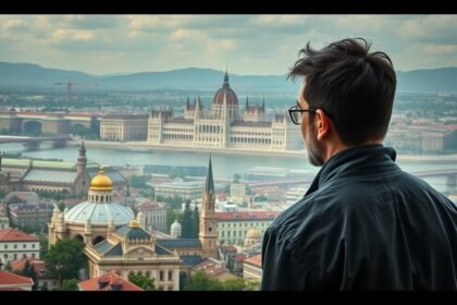 Férfi néz Budapest panorámájára, háttérben a Parlament épülete.
