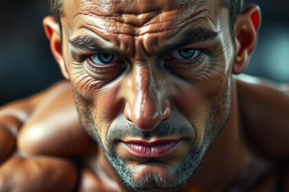 Férfi testépítő intenzív arckifejezéssel edzés közben.