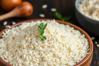 Friss rizsliszt egy fából készült tálban, zöld fűszernövénnyel díszítve.