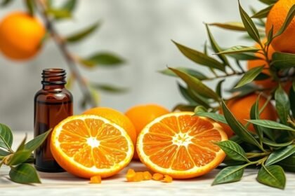 Vadnarancs illóolaj és friss narancs szeletek, bőrápoláshoz.