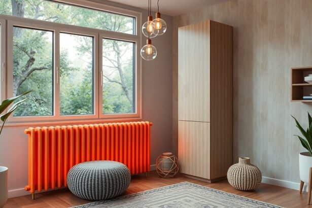 Modern infra radiátor egy világos nappaliban, fákra néző ablakokkal.