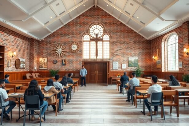 Egyházi iskola tanterme diákokkal és tanárral az oktatás során.