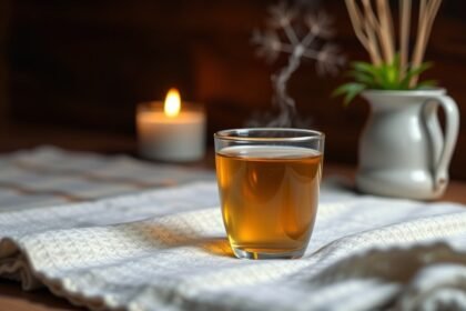 Meleg vadkender tea egy pohárban, háttérben gyertya és növény.