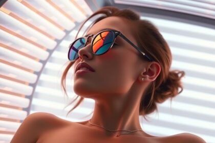 Fiatal nő napozik szoláriumban védőszemüvegben