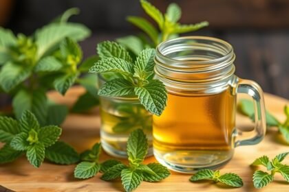 Friss mentás szörp és mentalevelek frissítő italhoz.