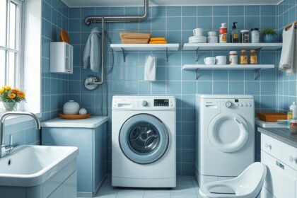 Modern háztartási helyiség mosógépekkel és vízkezelő berendezésekkel