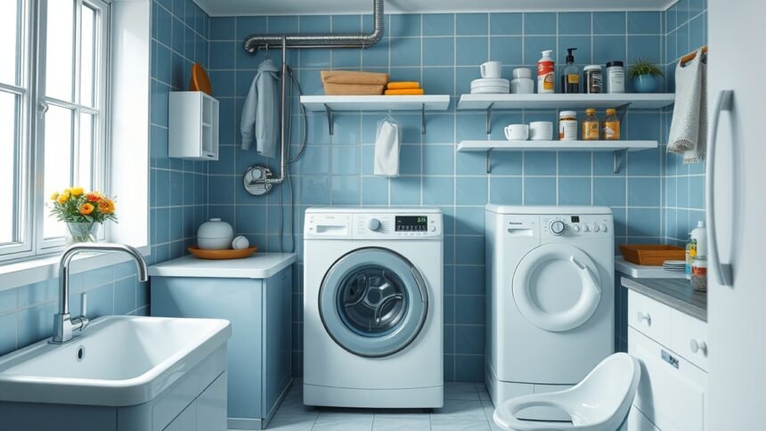Modern háztartási helyiség mosógépekkel és vízkezelő berendezésekkel