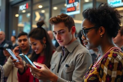 Fiatalok a médiával és a technológiával, okostelefont használva középen.