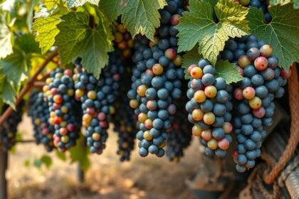 Érett szőlőfürtök a szőlőtőkén, gazdaságos szürethez.