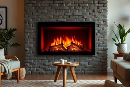 Modern elektromos kandalló a nappaliban, tűzzel és fűtéssel.