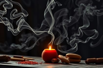 Tömjén füstölő és gyertyák az aromaterápiához, nyugtató füsttel.