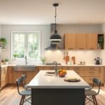 Modern IKEA konyha világos fával és fehér munkalappal.