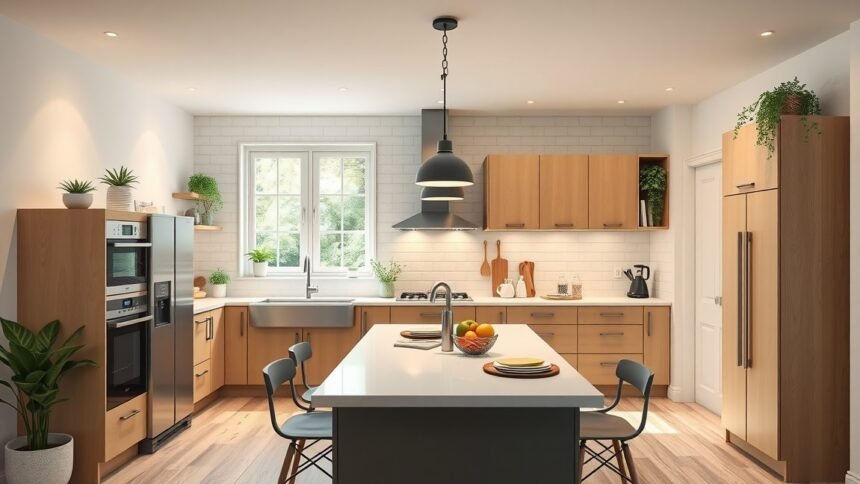 Modern IKEA konyha világos fával és fehér munkalappal.