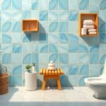 Modern fürdőszoba képe, világoskék csempe és praktikus tárolók.