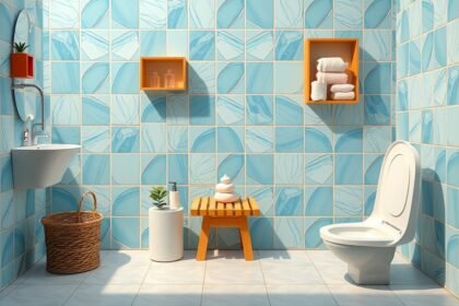 Modern fürdőszoba képe, világoskék csempe és praktikus tárolók.