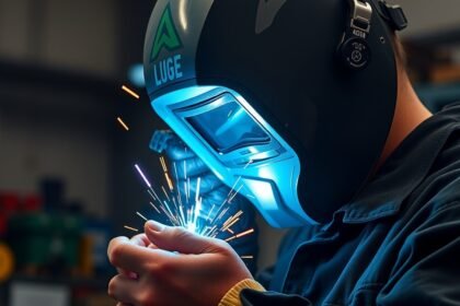 Automata hegesztőpajzs használata hegesztés közben szakmai környezetben.