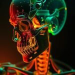 Fényes, futurisztikus koponyaszerkezet, mechanikai elemekkel