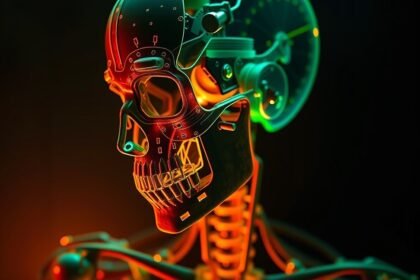 Fényes, futurisztikus koponyaszerkezet, mechanikai elemekkel