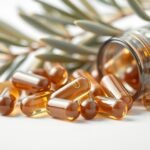 Olajfa kapszulák és levél egy üvegedényből kifordítva.