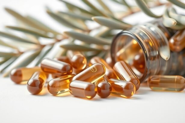 Olajfa kapszulák és levél egy üvegedényből kifordítva.