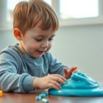 Gyermek intelligens gyurmával játszik egy asztalnál