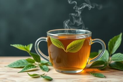 Friss zöld tea gőzölgő csésze és levelek