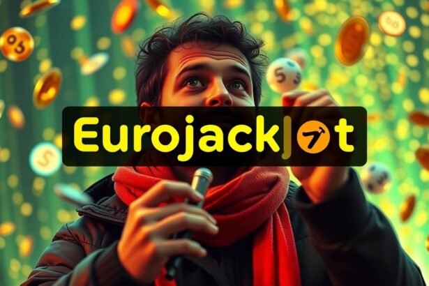 Férfi az Eurojackpot lottójáték képe mögött, nyereményekkel a levegőben.