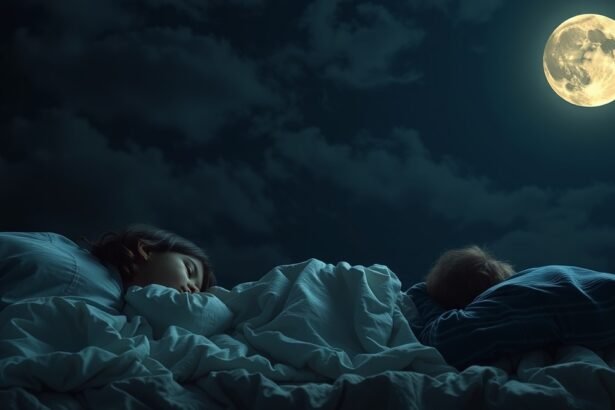 Gyerekek alvása telihold alatt, csendes éjszakai környezetben.