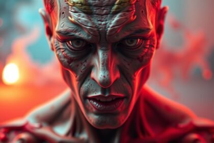 Férfi arc, amelyet a drogok kábító hatása roncsolt, szörnyű kifejezéssel.